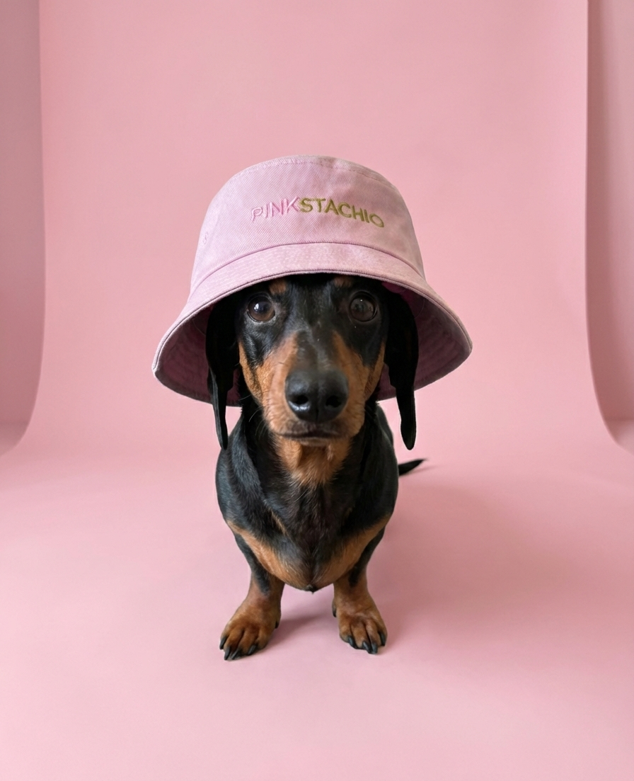 Dog wearing a pink bucket hat with 'Pink Stacho' text on a pink background