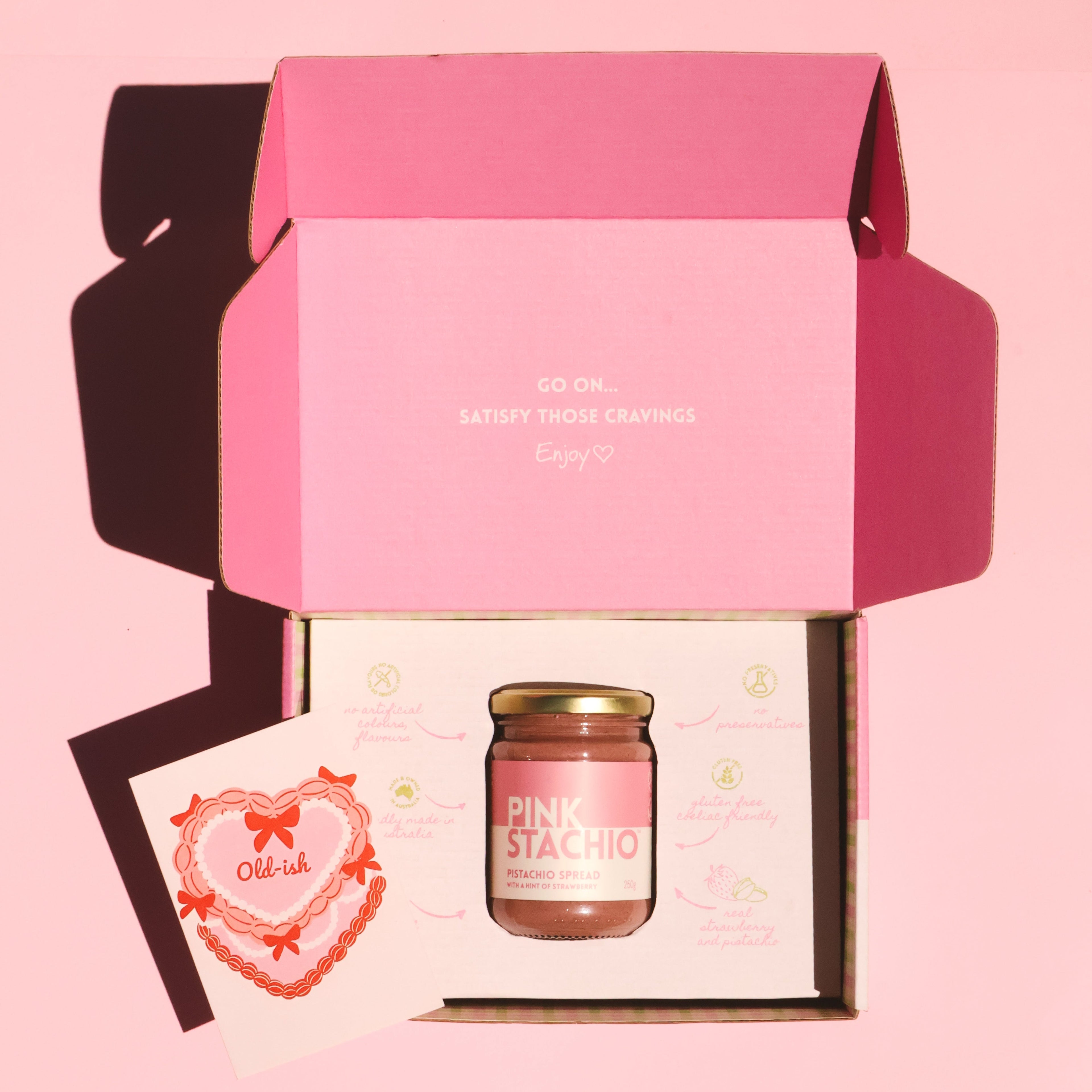 pinkstachio in giftbox with card