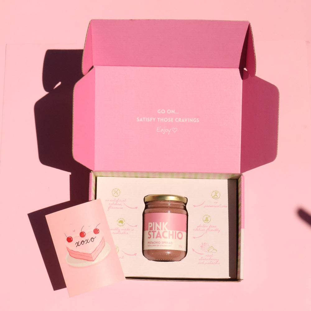 pinkstachio in a gift box with xoxo card
