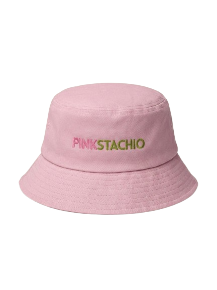 Pink bucket hat with 'PINKSTACHIO' text on a white background