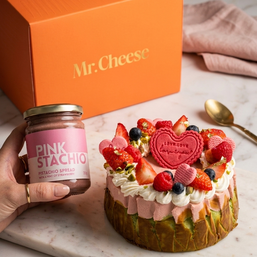 Decorative cake with pink frosting and fruit, jar of pink frosting, and Mr. Cheese box on a marble surface.