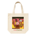 Tote bag with cartoon character and 'Pinkstachio' text on a white background