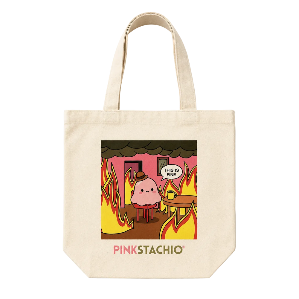 Tote bag with cartoon character and 'Pinkstachio' text on a white background