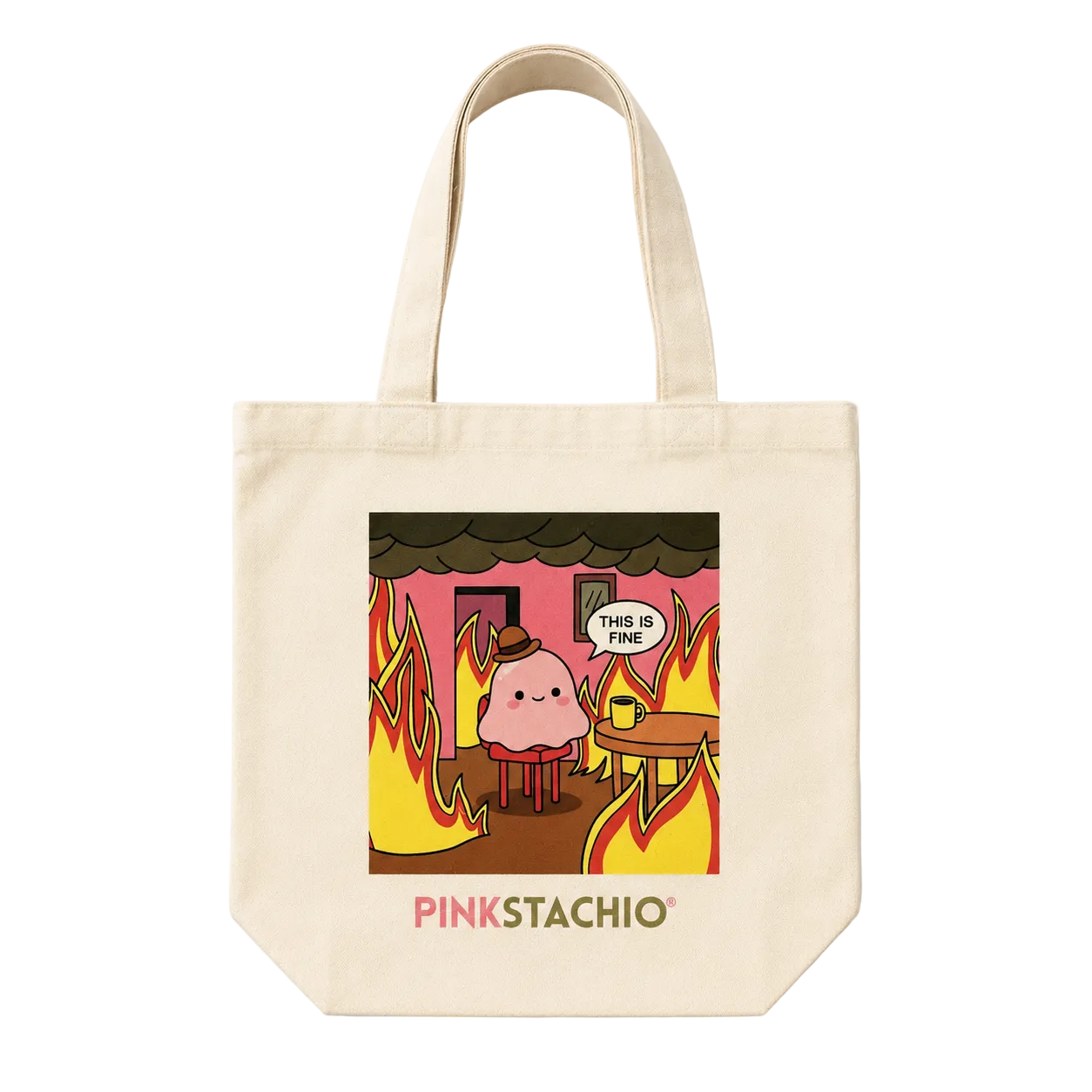 Tote bag with cartoon character and 'Pinkstachio' text on a white background